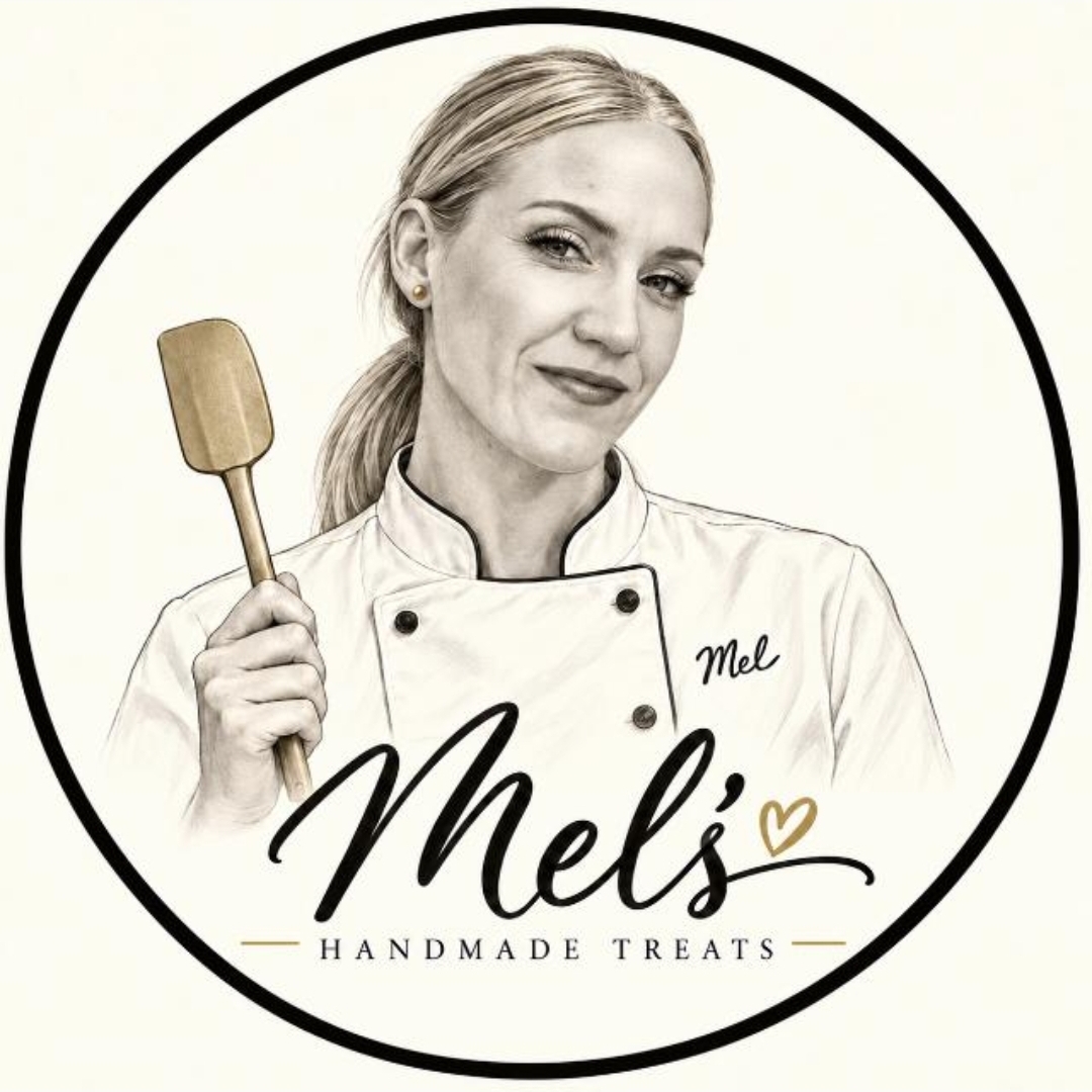 Illustrated portrait logo of Mel holding a baking spatula